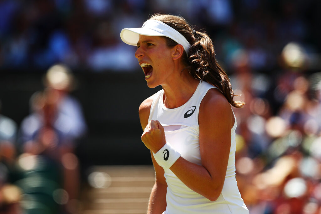 Johanna Konta of Great Britain celebrates during the Ladies Singles second round match against Donna Vekic of Croatia on day three of the Wimbledon Lawn Tennis Championships at the All England Lawn Tennis and Croquet Club on July 5, 2017 in London, England.