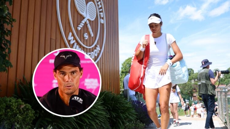 Rafael Nadal (left) in a circle overlay talks into a microphone and Emma Raducanu (right) walks past the Wimbledon sign
