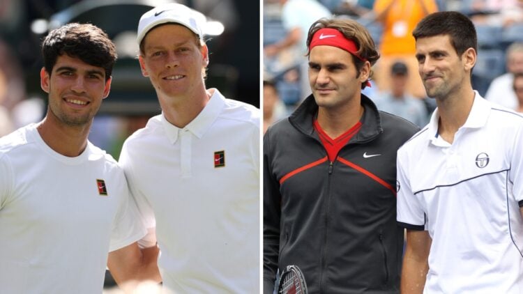 Carlos Alcaraz and Jannik Sinner (left) pose at the net, Roger Federer and Novak Djokovic pose at the net (right)