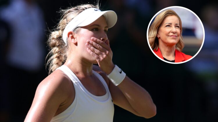 Main: Eugenie Bouchard cups her mouth with her hand. Inset top right: Chris Evert looks on.