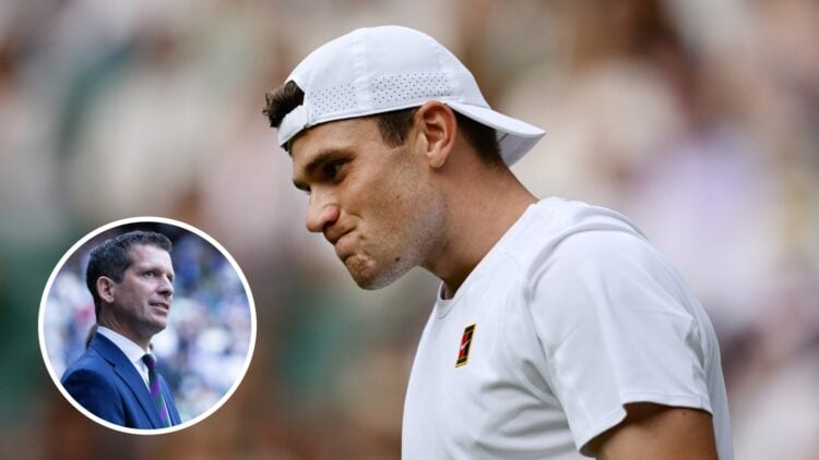 Main: Jack Draper looking frustrated. Inset bottom left: Tim Henman looks on.