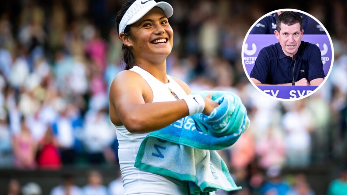 Main: Emma Raducanu smiling. Inset top right: Tim Henman speaking at a press conference.