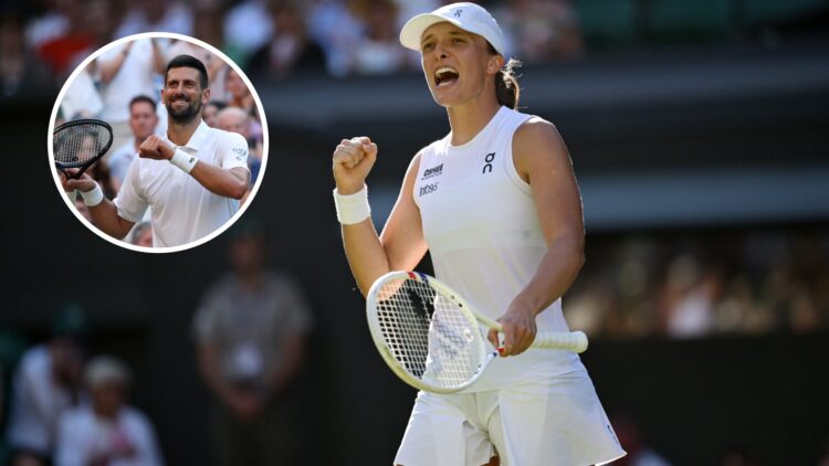Main: Iga Swiatek celebrates winning a point. Inset top right: Novak Djokovic celebrating a match win.