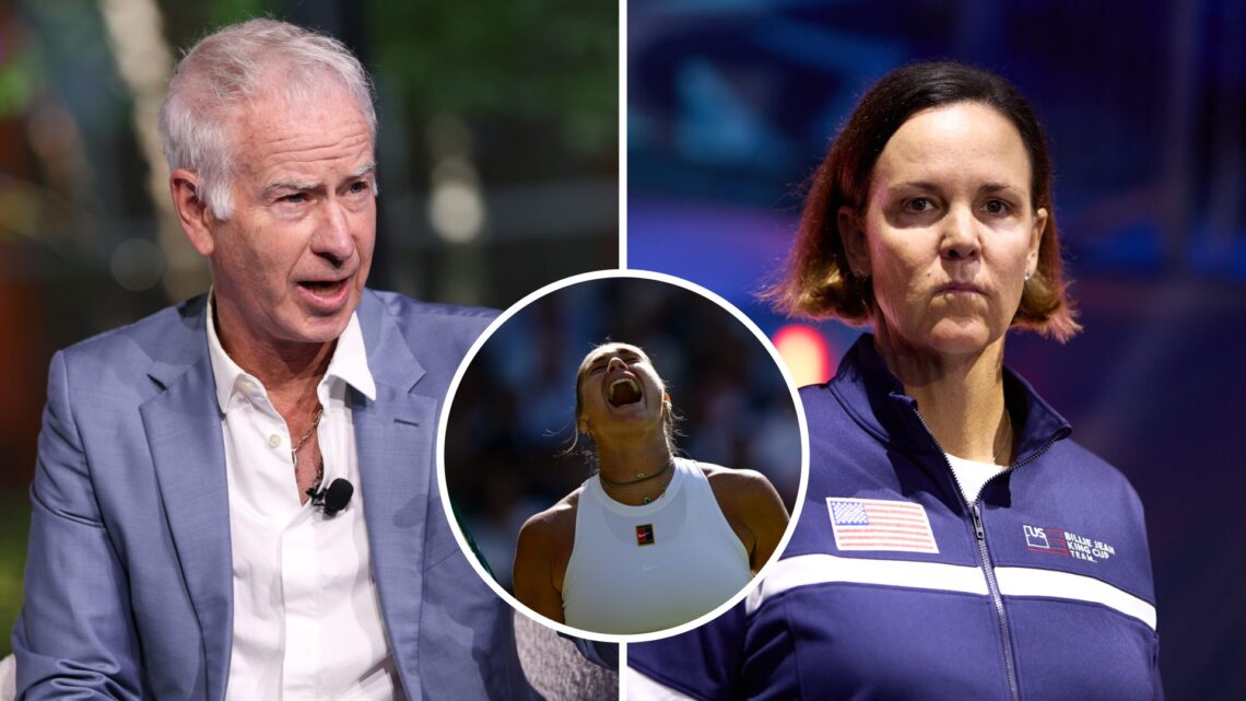 John McEnroe (left) holds his fist up, Aryna Sabalenka (middle) in a circle overlay screams and Lindsay Davenport (right) looks on