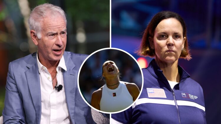 John McEnroe (left) holds his fist up, Aryna Sabalenka (middle) in a circle overlay screams and Lindsay Davenport (right) looks on
