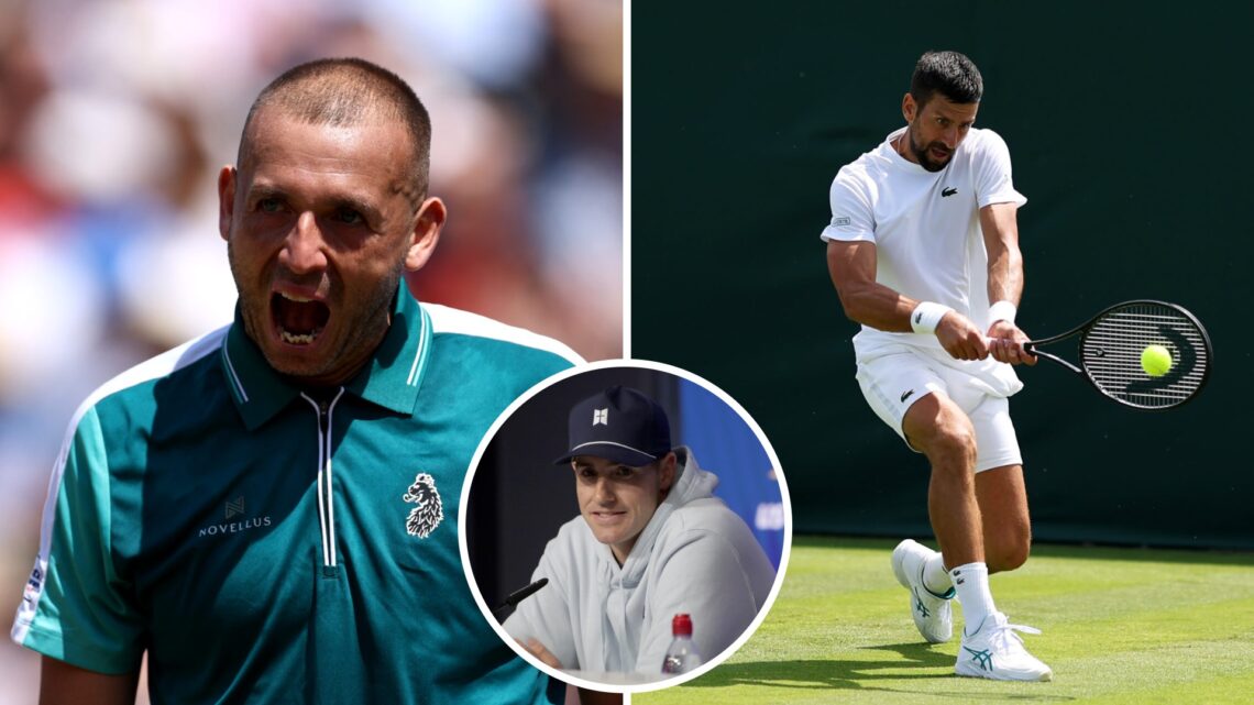 Main left: Dan Evans shouting. Main right: Novak Djokovic hits a backhand. Inset middle bottom: John Isner speaking.