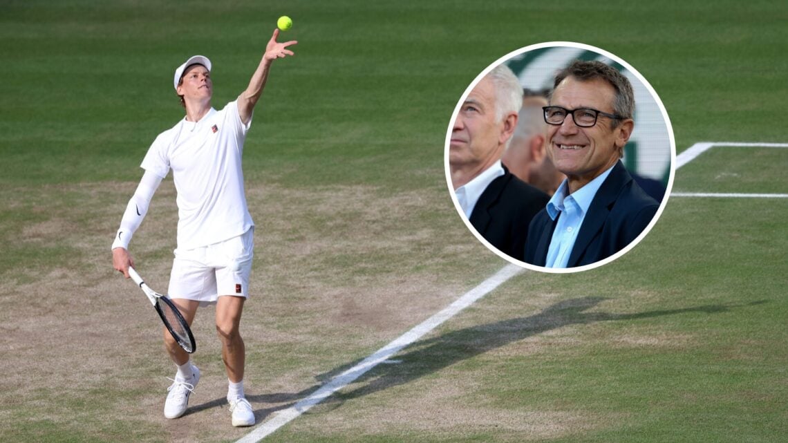 Jannik Sinner (left) tosses the ball up to serve and Mats Wilander (right) in a circle overlay smiles