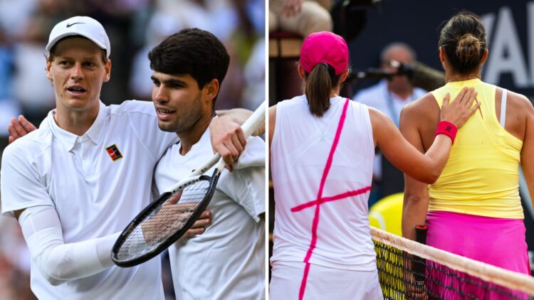 Jannik Sinner and Carlos Alcaraz embrace (left), Iga Swiatek pats Aryna Sabalenka on the back as they walk away from the camera (right)