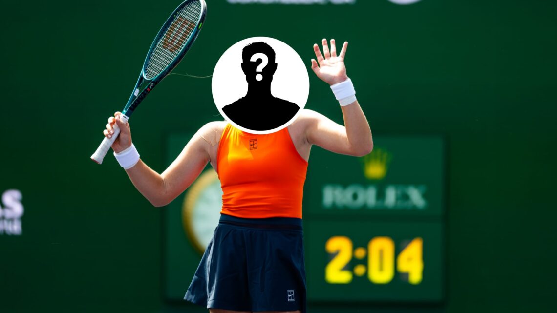 Main: Mirra Andreeva celebrates. Inset top middle: Mystery overlay over Mirra Andreeva's face.