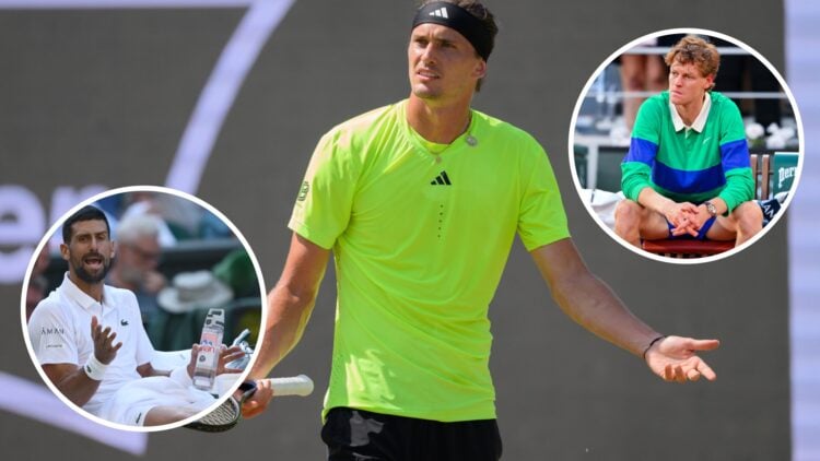 Novak Djokovic (left) in a circle overlay complains, Alexander Zverev (middle) shrugs his shoulders and looks confused and Jannik Sinner (right) in...