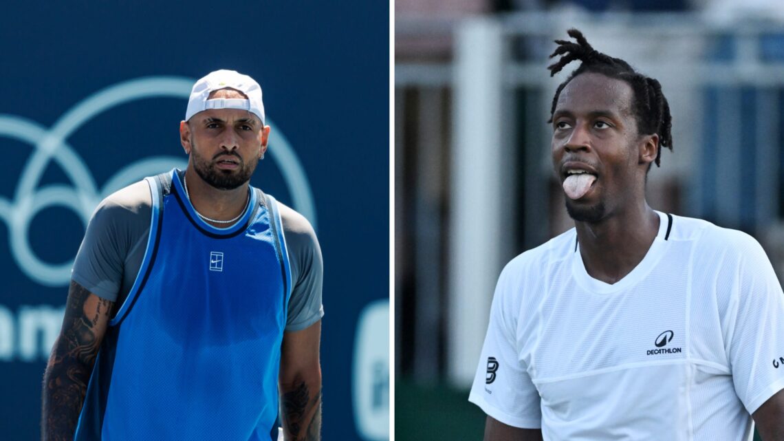 Main left: Nick Kyrgios looks on. Main right: Gael Monfils looking tired with his tongue out.