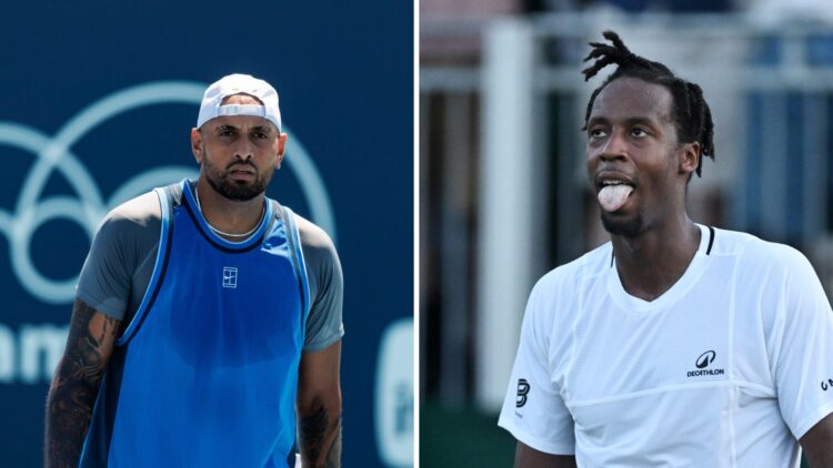 Main left: Nick Kyrgios looks on. Main right: Gael Monfils looking tired with his tongue out.