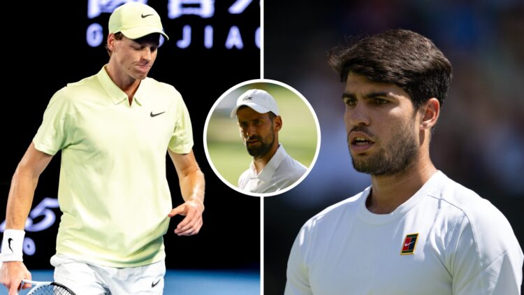 Main left: Jannik Sinner looking frustrated. Main right: Carlos Alcaraz looking confused. Inset middle: Novak Djokovic looks on.