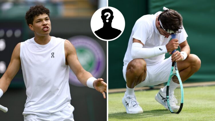 Main left: Ben Shelton complains. Main right: Lorenzo Musetti looks dejected while squatting. Inset top middle: Mystery overlay.