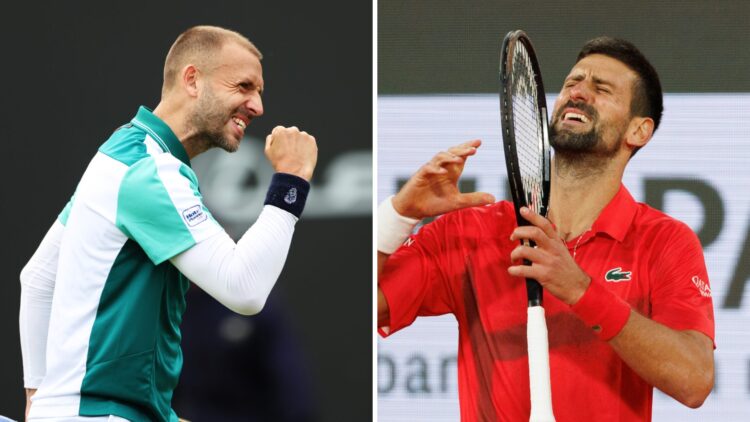 Main left: Dan Evans fist pumping in celebration. Main right: Novak Djokovic looking pained.