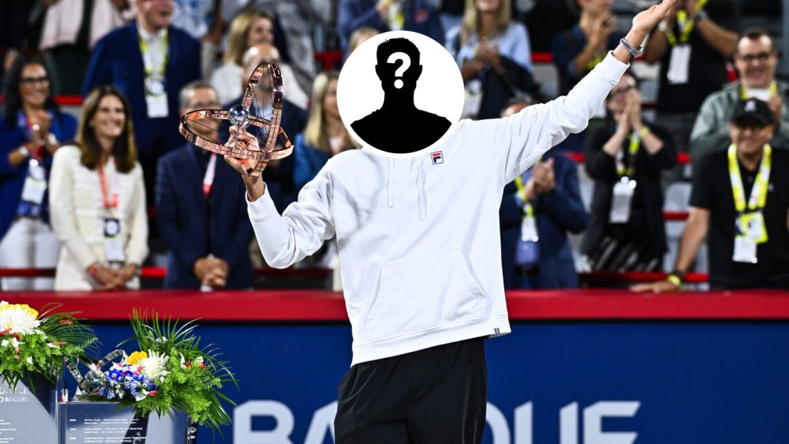 Main: Alexei Popyrin celebrates winning the Montreal Open title in 2024. Inset top middle: Mystery overlay over Alexei Popyrin's face.