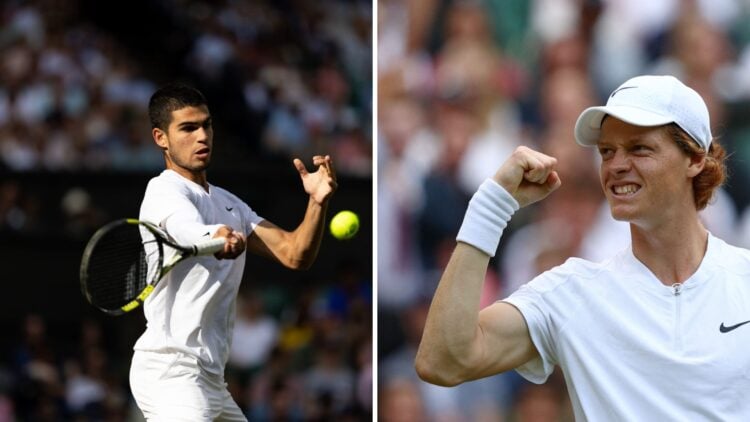 Main left: Carlos Alcaraz hits a forehand. Main right: Jannik Sinner fist pumps in celebration