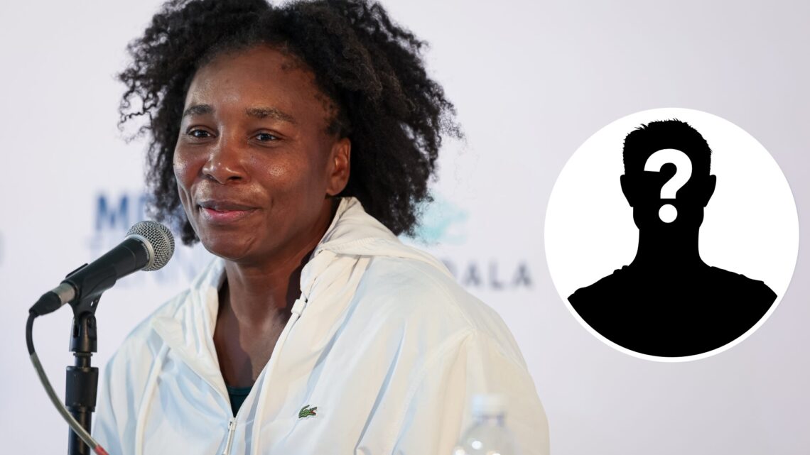 Main: Venus Williams speaks during a press conference at the Washington Open. Inset right: mystery overlay.