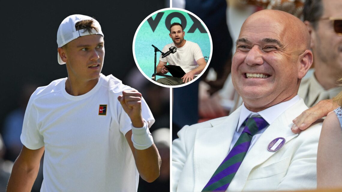 Main left: Holger Rune fist pumps in celebration. Main right: Andre Agassi smiles. Inset top middle: Andy Roddick speaking.