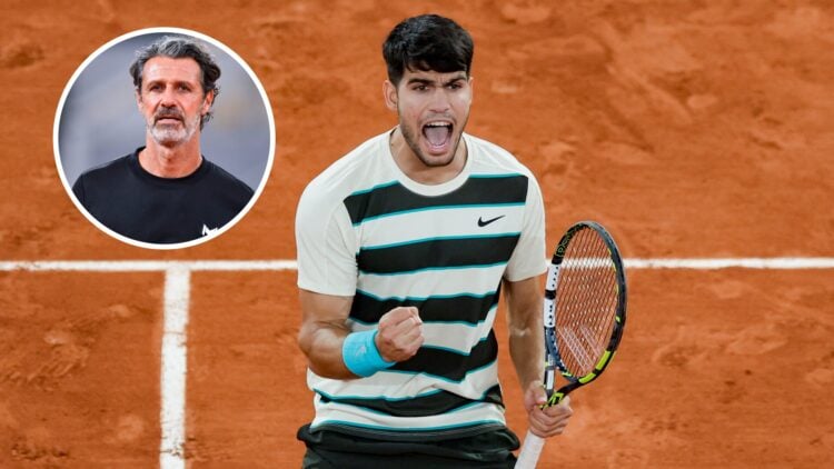 Main: Carlos Alcaraz celebrates winning a point at the French Open. Inset top left: Patrick Mouratoglou looks on.