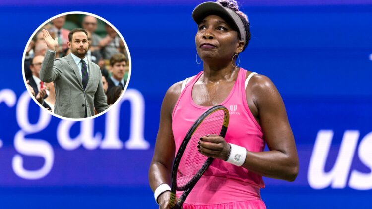 Main: Venus Williams looking concerned. Inset top left: Andy Roddick waves to the Wimbledon crowd.