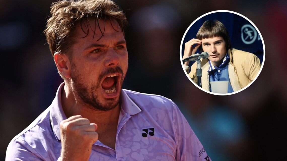 Main: Stan Wawrinka celebrates. Inset top right: Jimmy Connors speaking into a microphone.
