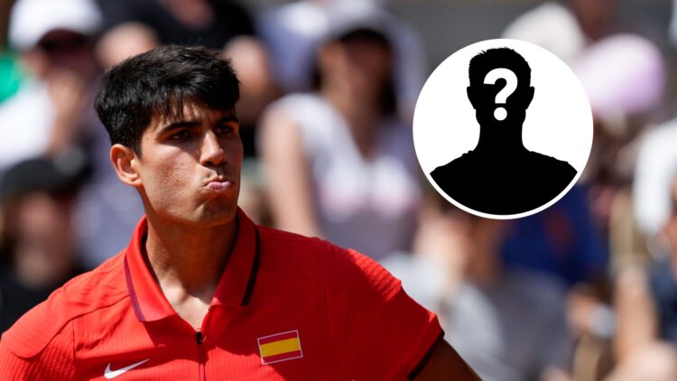 Main: Carlos Alcaraz deep in thought. Inset right top: Mystery overlay.