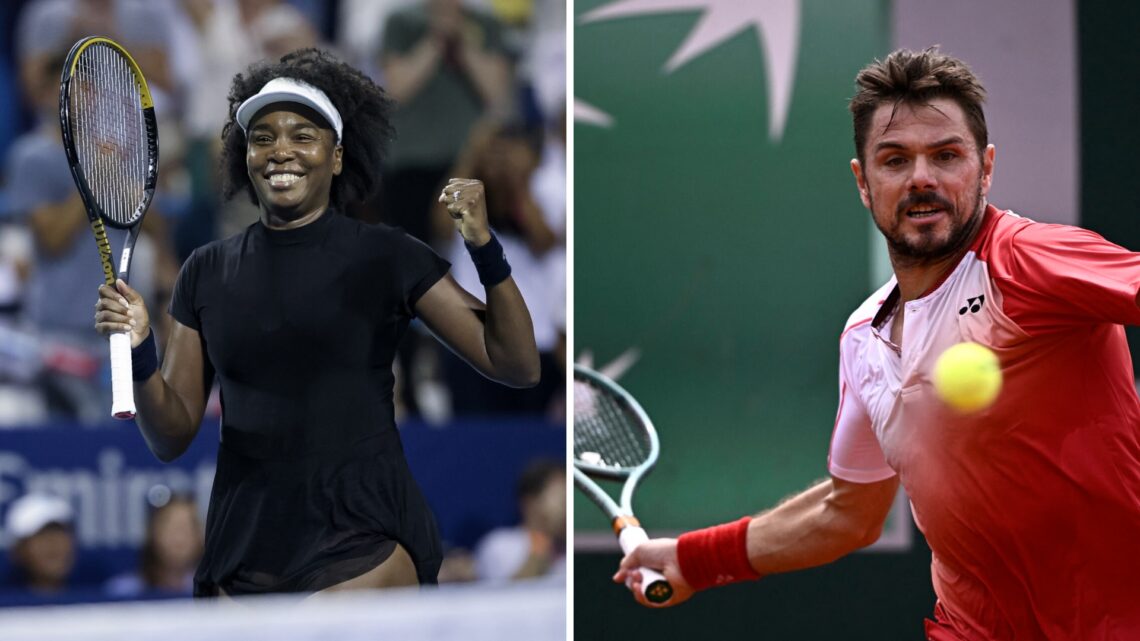 Main left: Venus Williams celebrates. Main right: Stan Wawrinka prepares to hit a forehand.