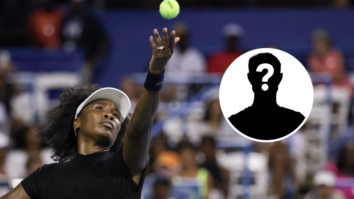 Main: Venus Williams carries out a ball toss for a serve. Inset right: Mystery overlay.