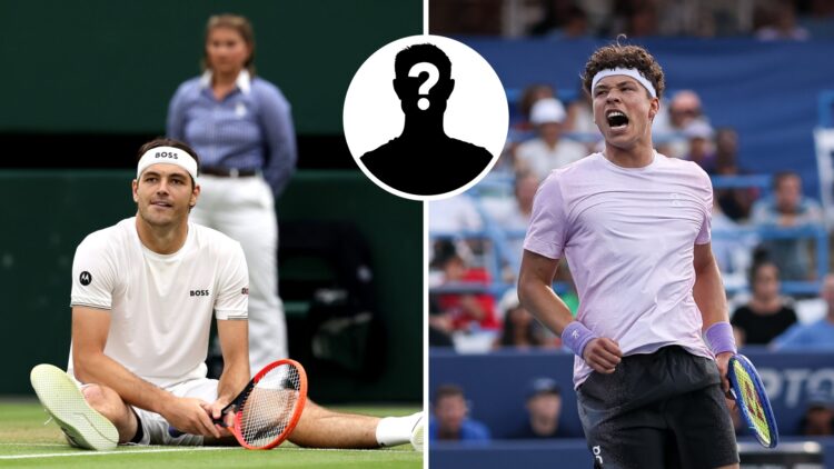 Main left: Taylor Fritz looks on while sitting on a grass court. Main right: Ben Shelton celebrating. Inset top middle: Mystery overlay