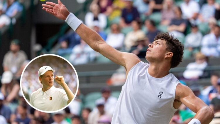 Main: Ben Shelton tosses the ball for a serve. Inset bottom left: Jannik Sinner fist pumps in celebration.