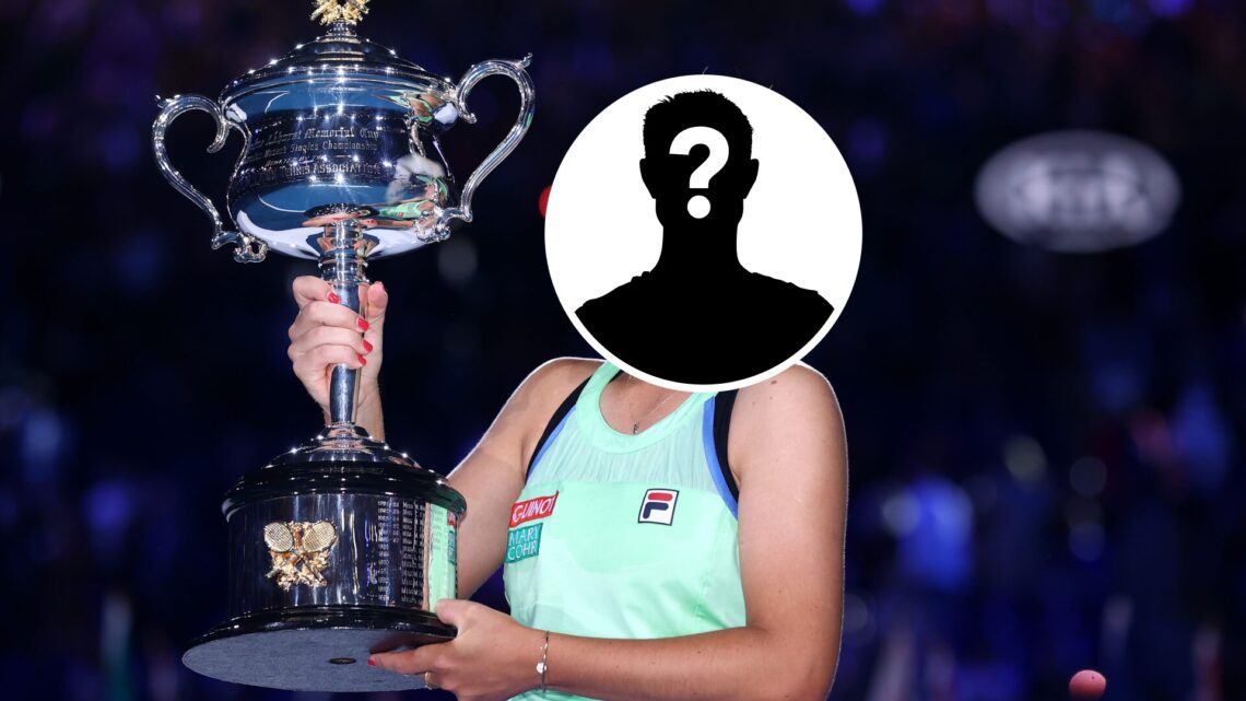 Main: Sofia Kenin lifts the 2020 Australian Open trophy. Inset top middle: Mystery overlay over Sofia Kenin's face.