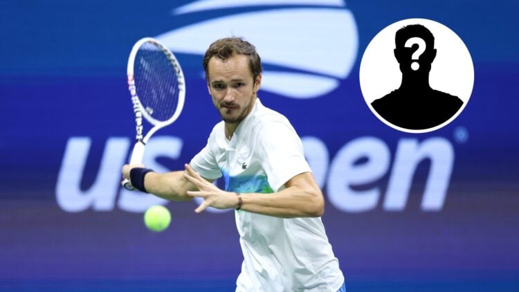 Main: Daniil Medvedev prepares to hit a forehand at the US Open. Inset top right: Mystery overlay.