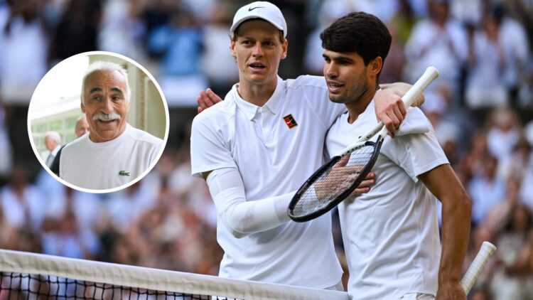 Main: Jannik Sinner and Carlos Alcaraz hug after the Wimbledon final. Inset left: Mansour Bahrami about to speak.