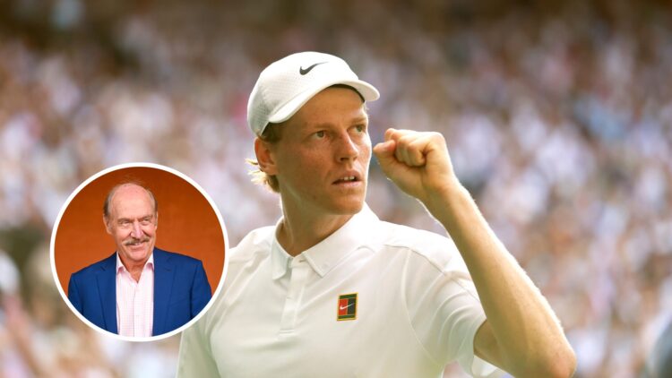Stan Smith (left) in a circle overlay smiles and Jannik Sinner (middle) pumps his fist