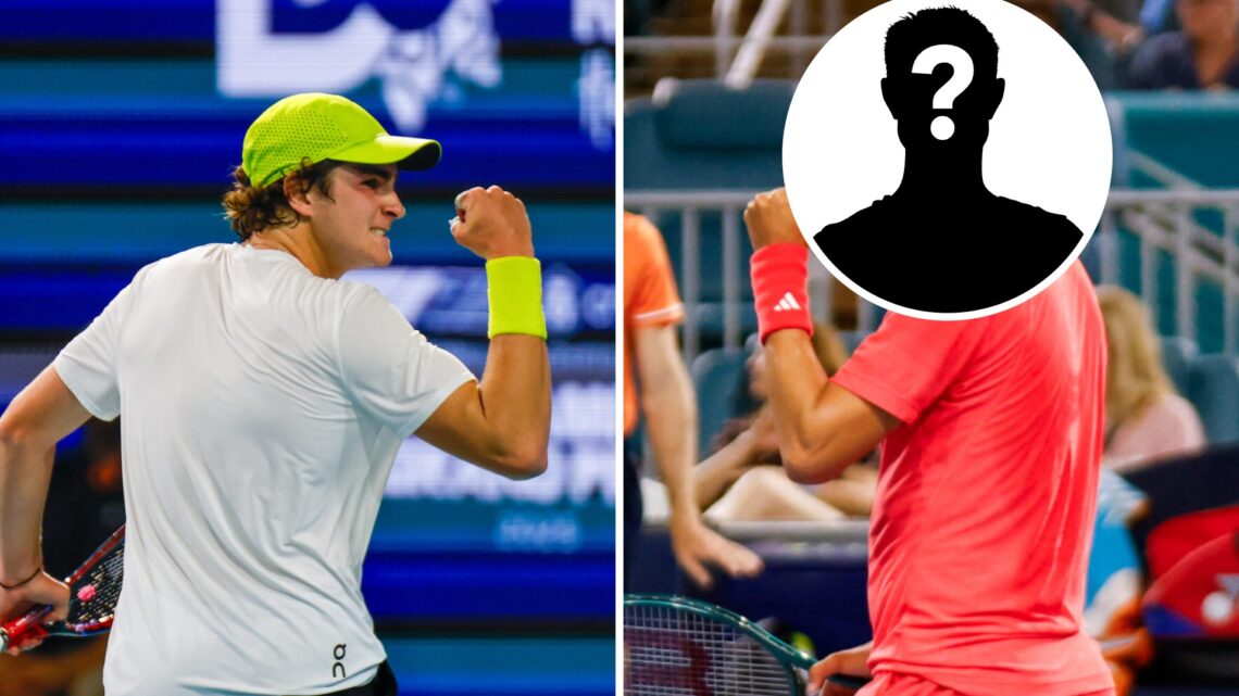Joao Fonseca (left) pumps his fist and a mystery player (right) pumps his fist