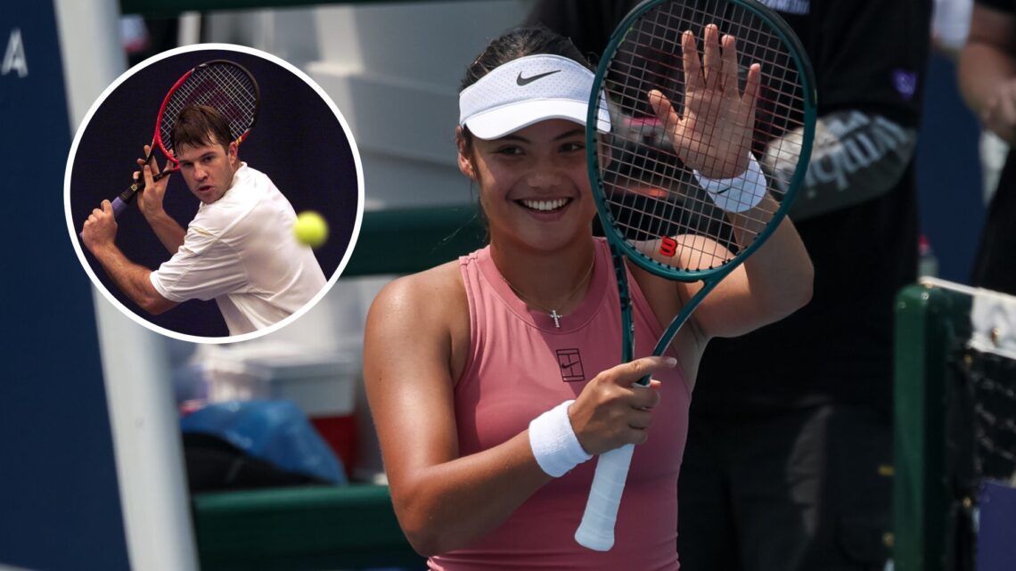 Barry Cowan (top left) in a circle overlay prepares to hit a backhand and Emma Raducanu (middle) applauds with her racket