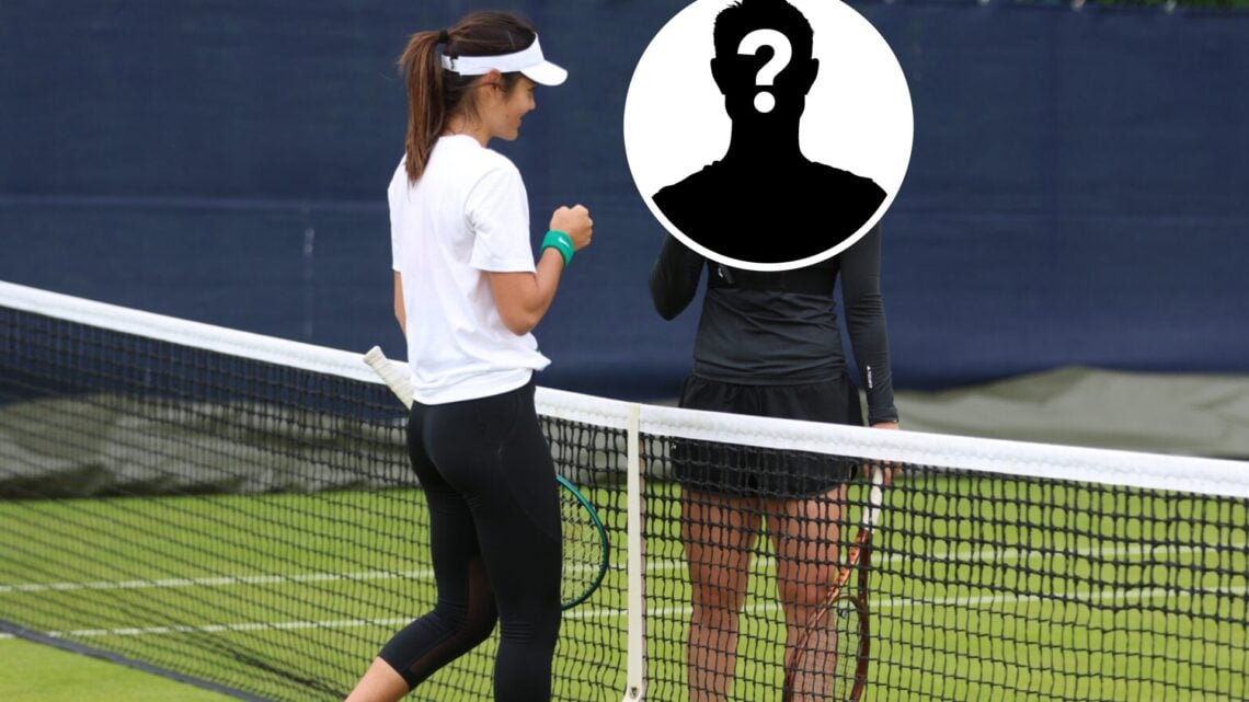 Emma Raducanu (left) bumps fists with a mystery player (right)