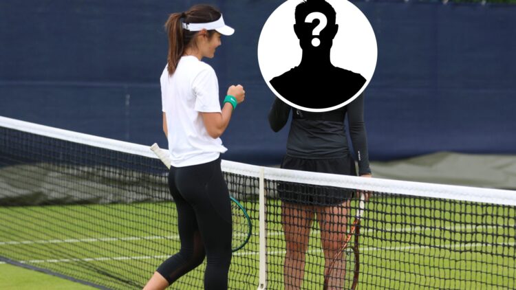 Emma Raducanu (left) bumps fists with a mystery player (right)