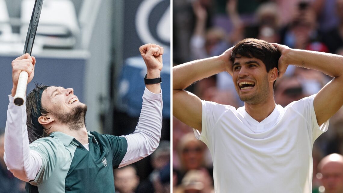 Alexander Bublik (left) lifts his arms in celebration and Carlos Alcaraz (right) puts his hands on his head in disbelief, smiling