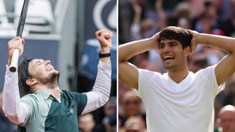 Alexander Bublik (left) lifts his arms in celebration and Carlos Alcaraz (right) puts his hands on his head in disbelief, smiling