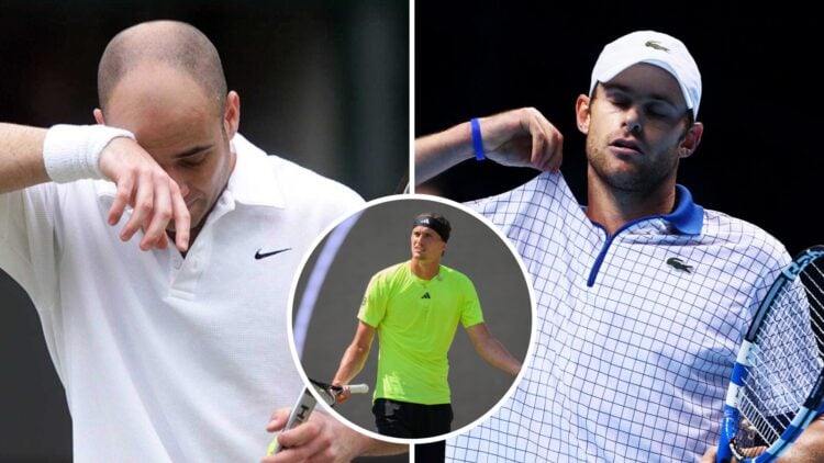 Andre Agassi (left) wipes his brow, Alexander Zverev (middle) in a circle overlay shrugs his shoulders and Andy Roddick (right) looks dejected