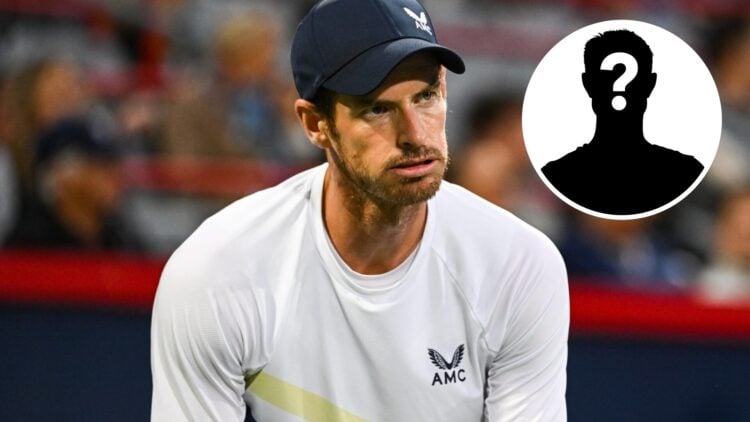 Main: Andy Murray looking despondent. Inset top right: Mystery overlay.