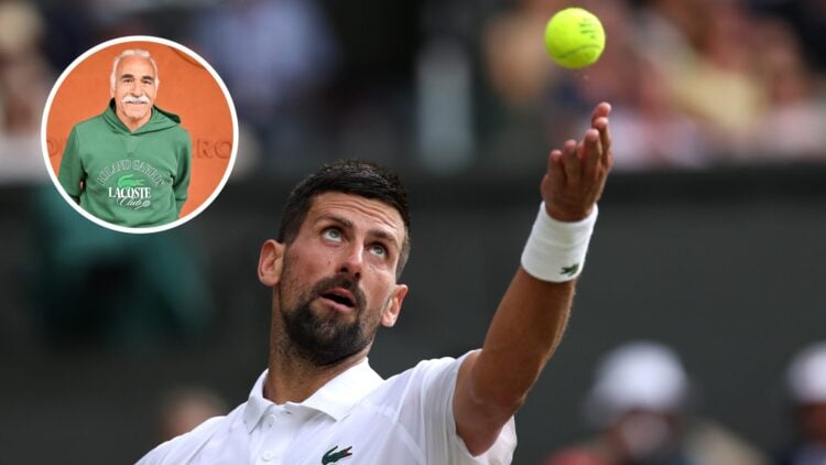 Main: Novak Djokovic tosses the ball for a serve. Inset top left: Mansour Bahrami looks on.