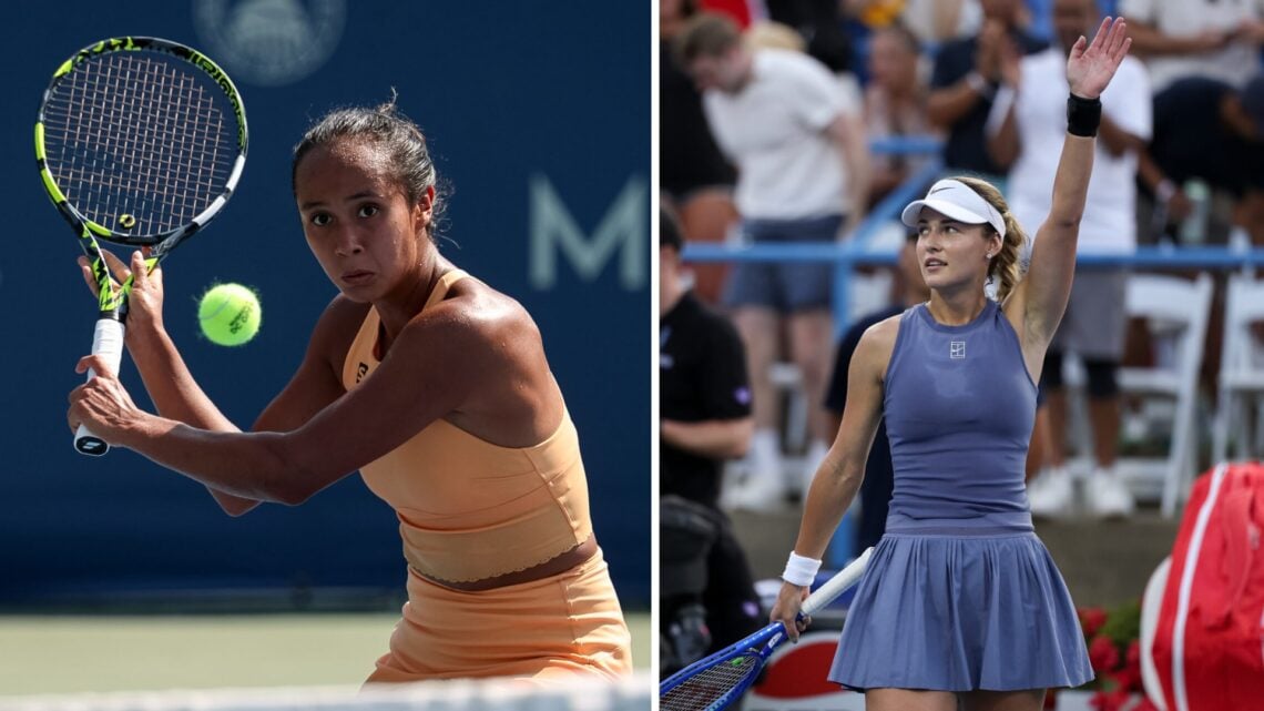 Main left: Leylah Fernandez prepares to hit a backhand volley. Main right: Anna Kalinskaya waves to the crowd.