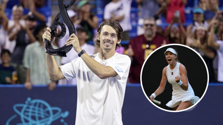 Alex de Minaur (left) lifts the Washington Open trophy and Katie Boulter (right) celebrates in a circle overlay