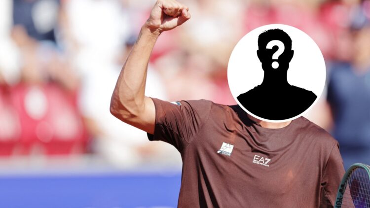 Main: Luciano Darderi fist pumps in celebration. Inset top right: Mystery overlay covering Luciano Darderi's face.