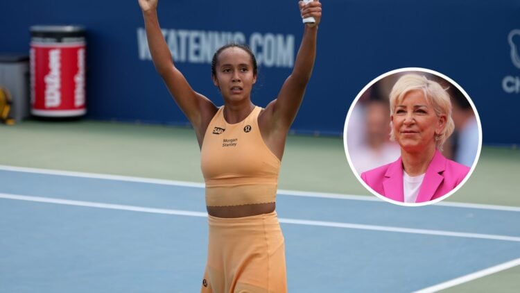 Main: Leylah Fernandez celebrates at the Washington Open. Inset right: Chris Evert looks on.