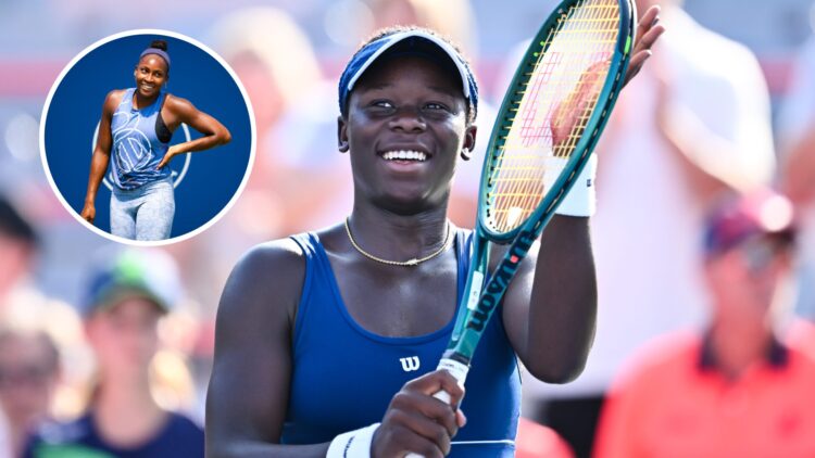 Main: Victoria Mboko 'claps' the strings of her racket with her hand. Inset top left: Coco Gauff looks on while smiling.