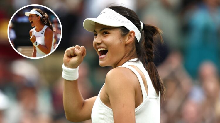 Main: Emma Raducanu fist pumps in celebration. Inset top left: Johanna Konta fist pumps in celebration.